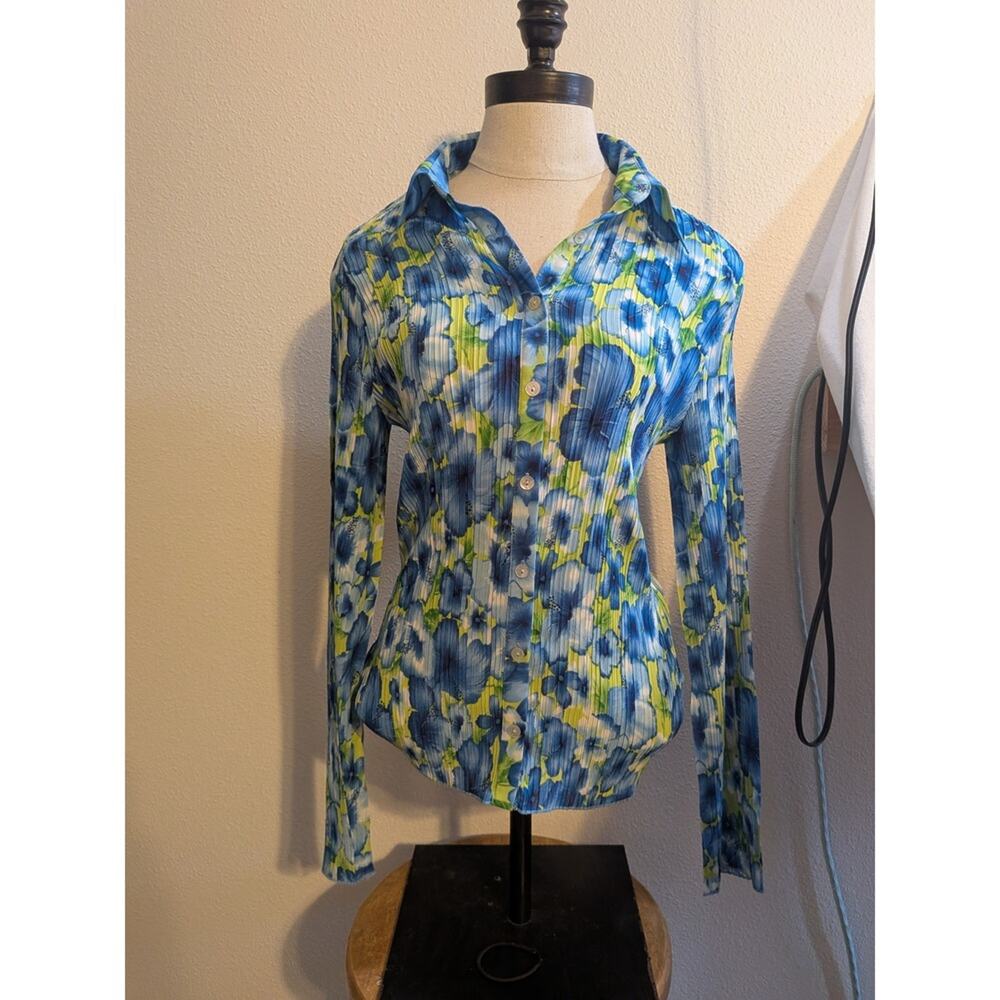 Violet & Claire Floral Pleated Button Up Shirt Top Long Sleeve Blue Green Size L